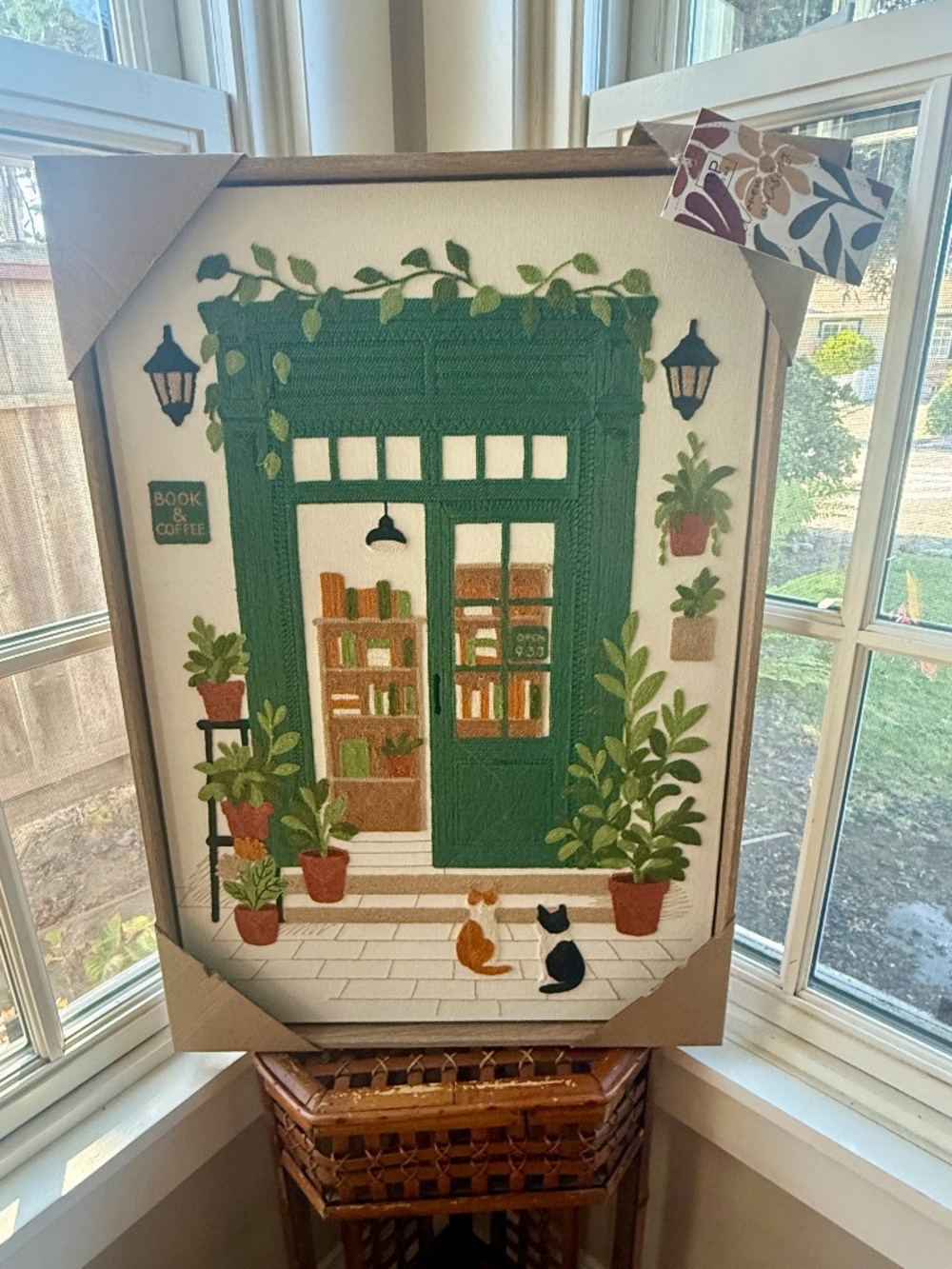 BP HOME TEXTILE Embroidered Woven Art "BOOKS AND COFFEE" 26 x18 NWT LARGE